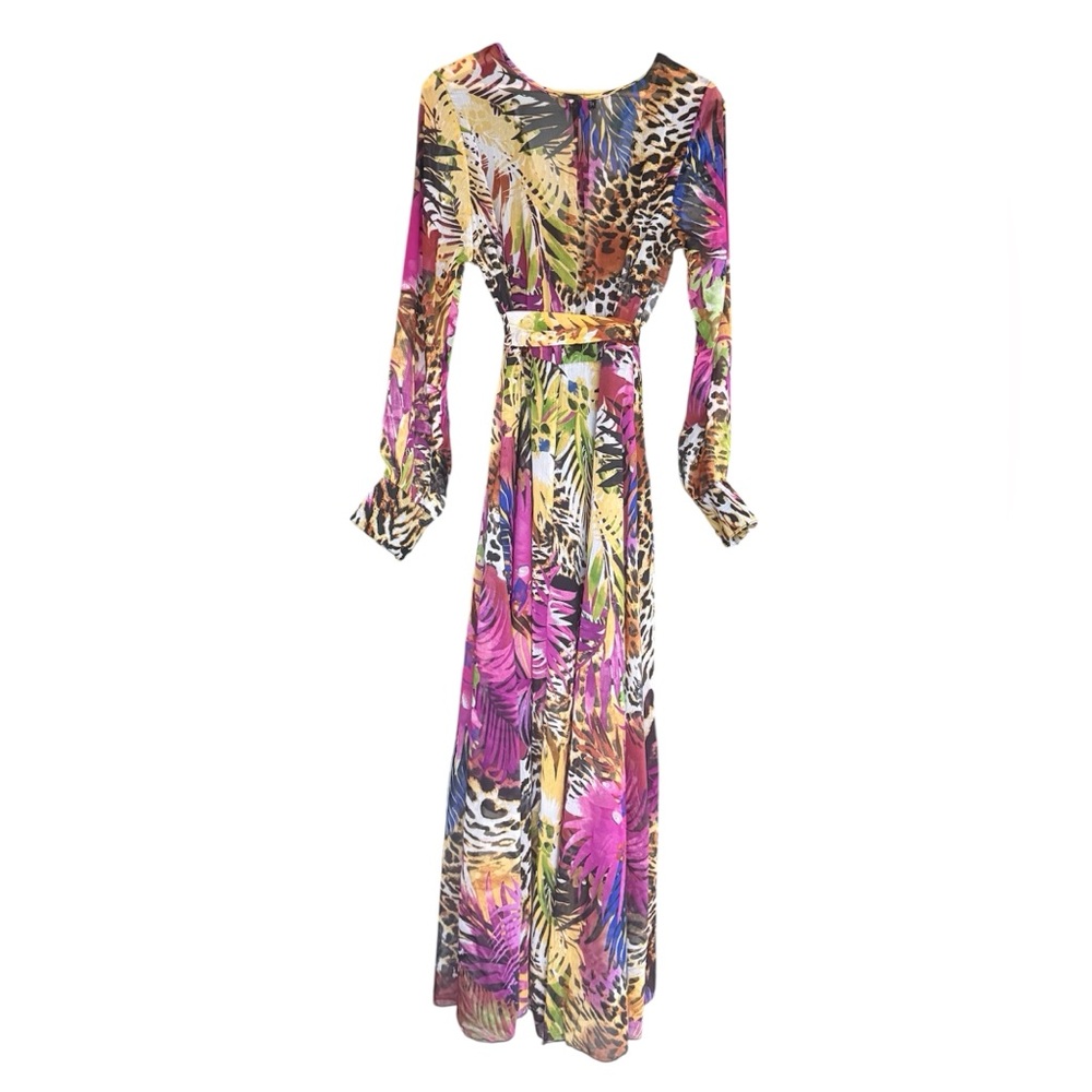 NWT SpyZone Exchange Tropical Leopard Wrap Maxi Dress Long Sleeve Resort Size M - Picture 3 of 7